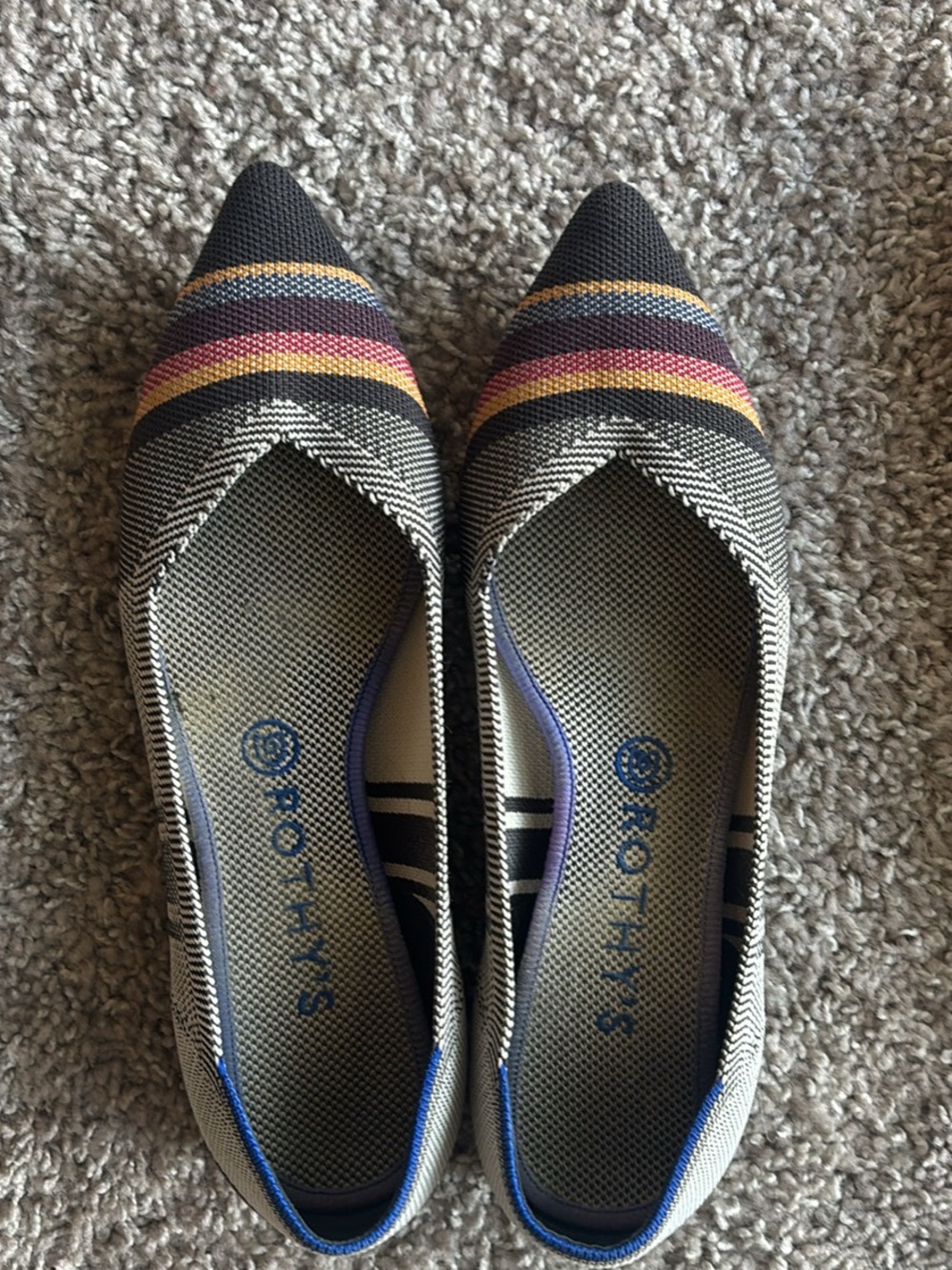Rothy's Pointed Toe Flats in Black with Multicolor Stripe Accents Women’s 10
